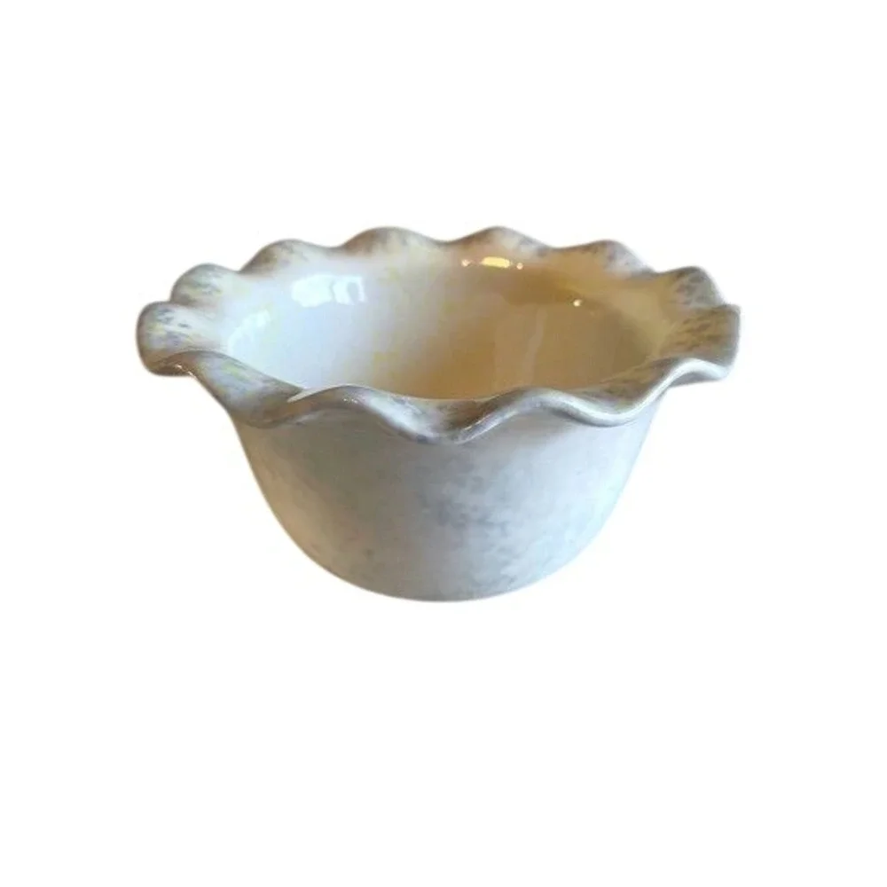 Handmade Ceramic Ruffled Edge Trinket Dish Yellow Speckled Cream